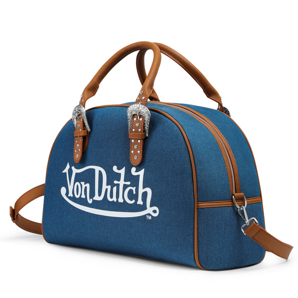 Von Dutch Denim Blue Brown Bowling Bag Large Studded Handle Duffel 16" x 12" - Picture 2 of 10